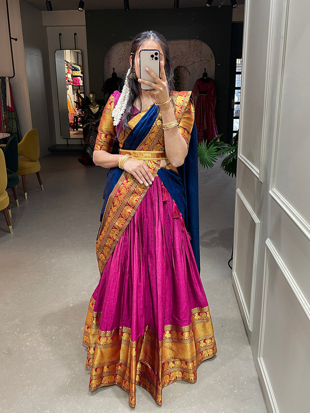 Pink Color Zari Weaving Work Narayan Pet Cotton South Indian Lehenga Clothsvilla Main image