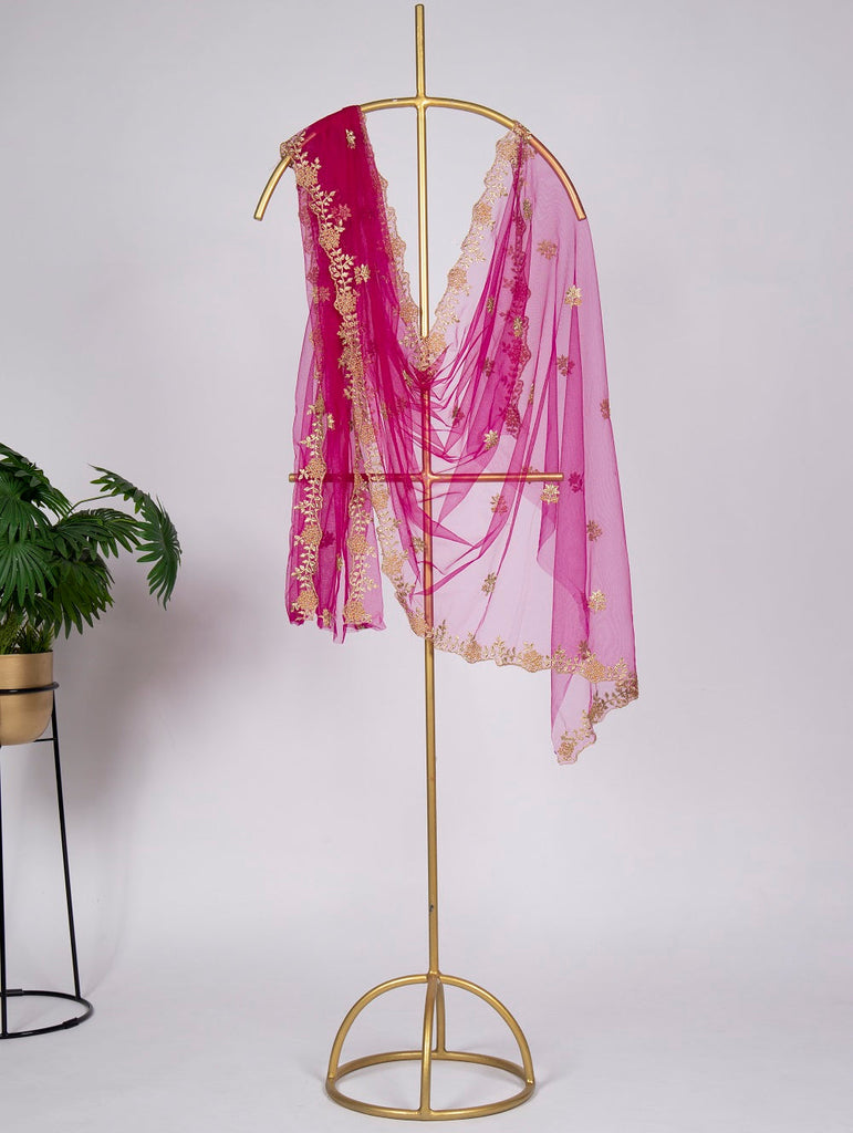 Pink Color Embroidery Cut Work and Stone Work Net Dupatta Clothsvilla