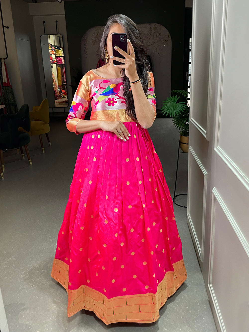 Pink Color Weaving Zari Work Jacquard Silk Paithani Gown Clothsvilla