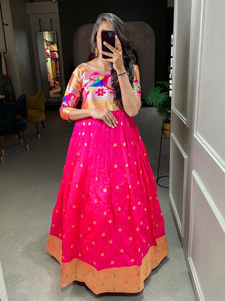 Pink Color Weaving Zari Work Jacquard Silk Paithani Gown Clothsvilla