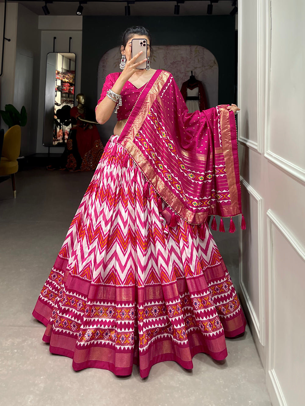 Pink Color Leheriya With Foil Work Tussar Silk Lehenga Choli ClothsVilla