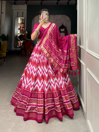 Pink Color Leheriya With Foil Work Tussar Silk Lehenga Choli ClothsVilla