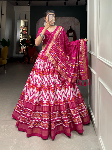 Pink Color Leheriya With Foil Work Tussar Silk Lehenga Choli ClothsVilla