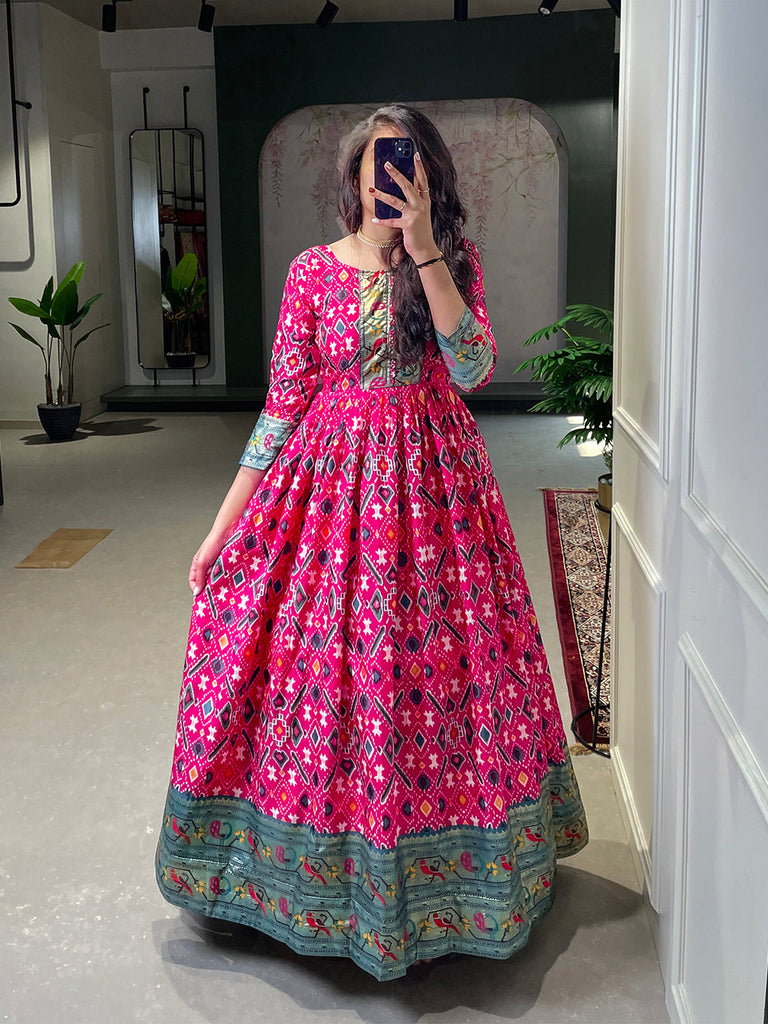 Pink Color Patola Paithani Printed And Foil Printed Silk Gown Clothsvilla