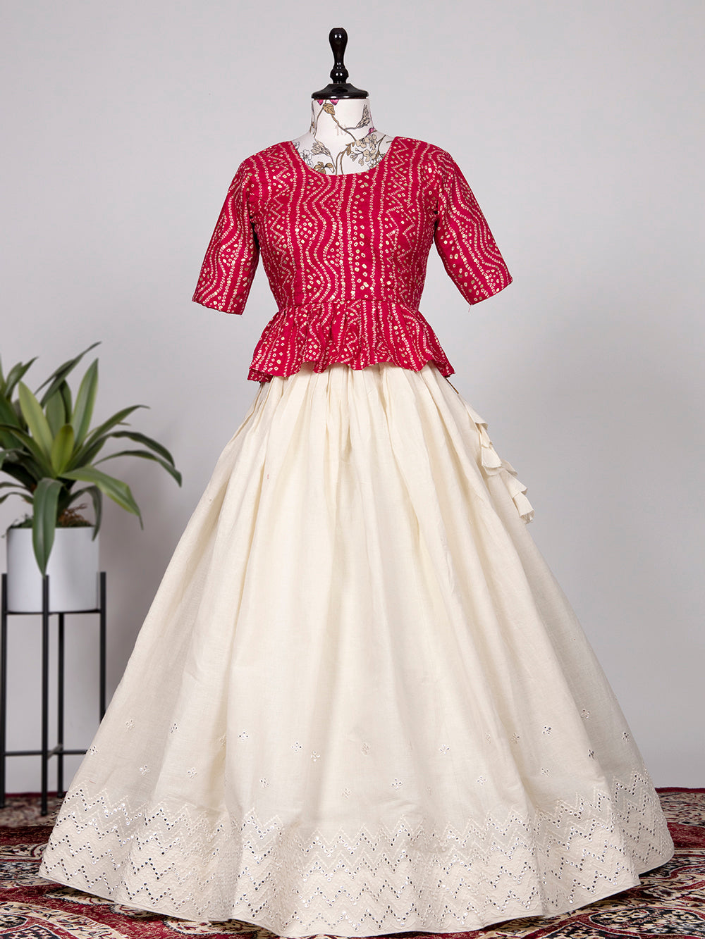 Off White Color Paper Mirror & Thread Work Pure Cotton Co-ord Set Lehenga Clothsvilla