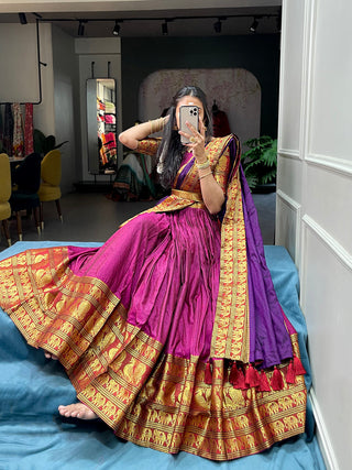 Pink Color Zari Weaving Work Narayan Pet (Cotton) Lehenga Choli ClothsVilla.com