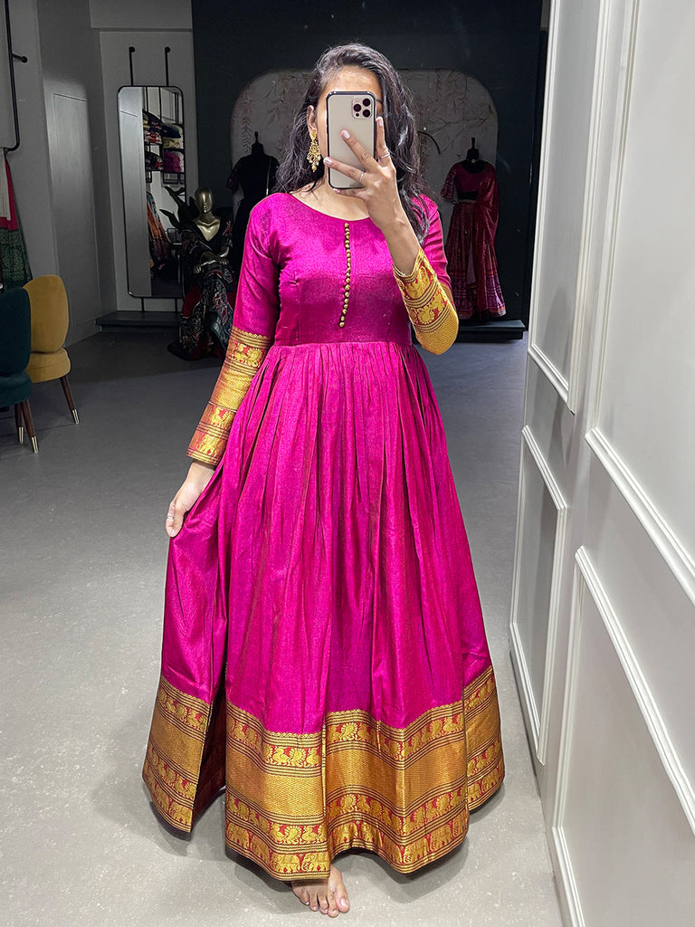 Pink Color Zari Weaving Work Narayan Pet Cotton Gown Clothsvilla