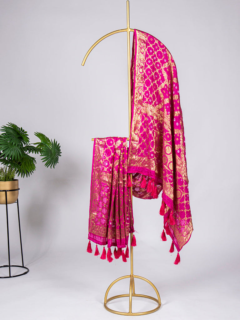 Pink Color Zari Weaving Work Original Bandhej Silk Dupatta Clothsvilla