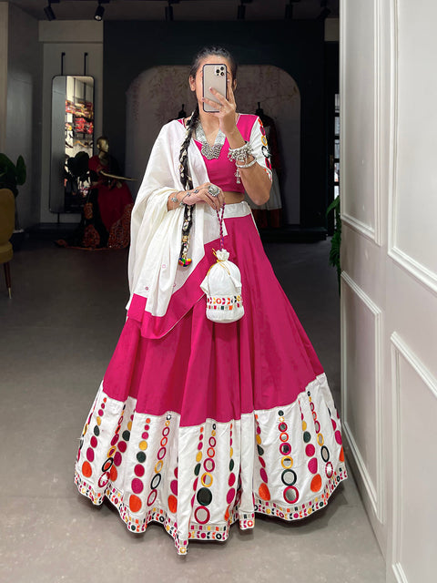 Pink Color Embroidery Work With Original Mirror Work Cotton Navratri Chaniya Choli ClothsVilla Main image
