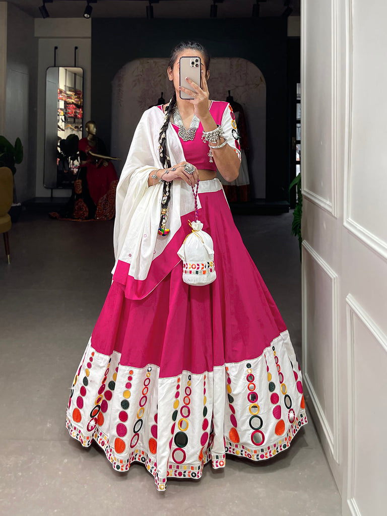 Pink Color Embroidery Work With Original Mirror Work Cotton Navratri Chaniya Choli ClothsVilla