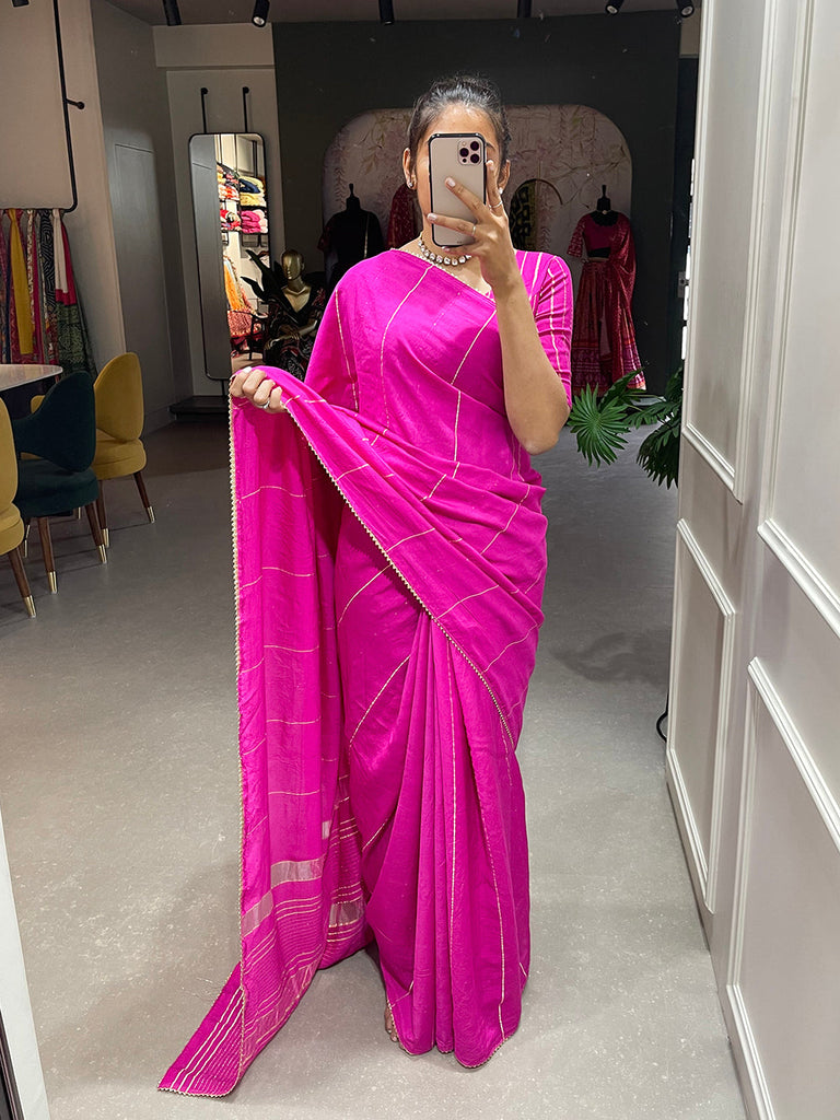 Pink Color Sequins And Zari Work Viscose Chanderi Saree Clothsvilla