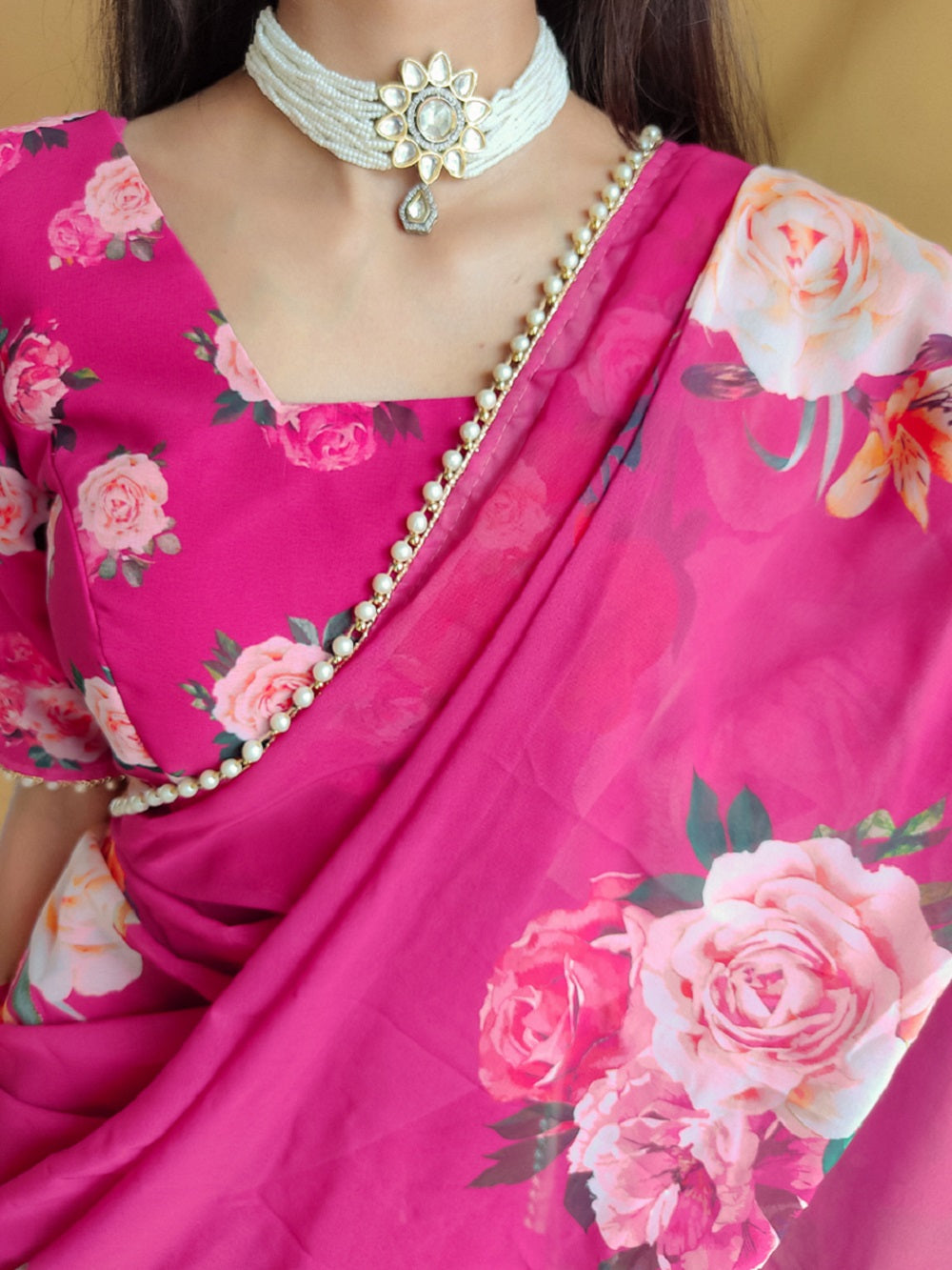 Pink Color Printed With Peral Lace Border Georgette Trending Saree Clothsvilla