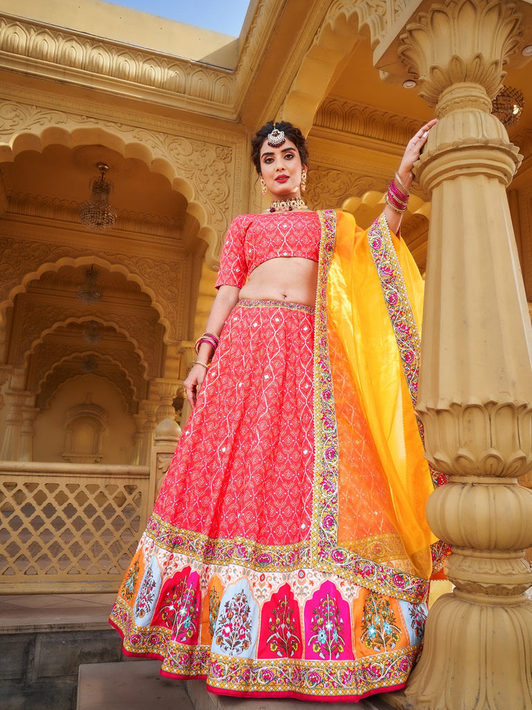 Pink Color Printed & Real Mirror With Gota Pati Work Vaishali Silk Lehenga Clothsvilla