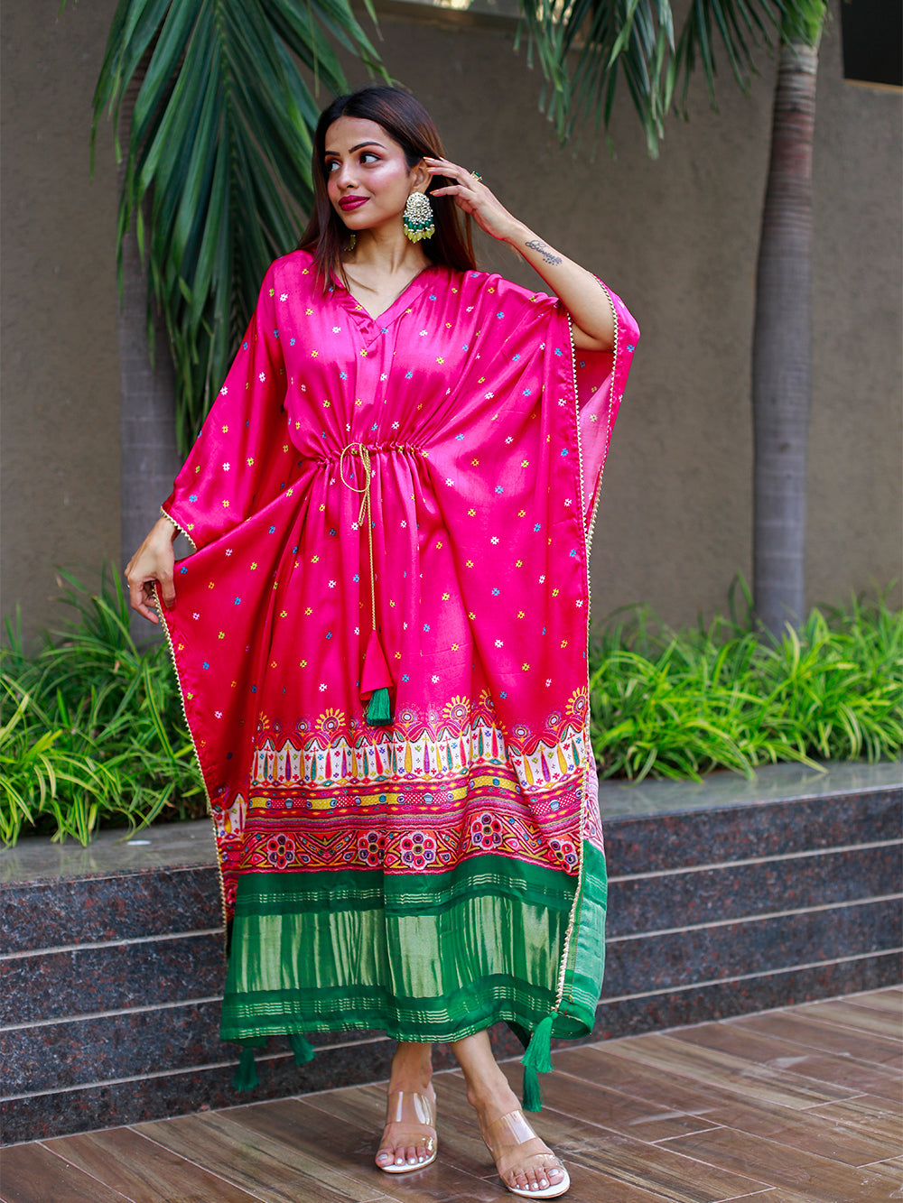 Pink Color Digital Bandhej Print Pure Gaji Silk Kaftan Clothsvilla