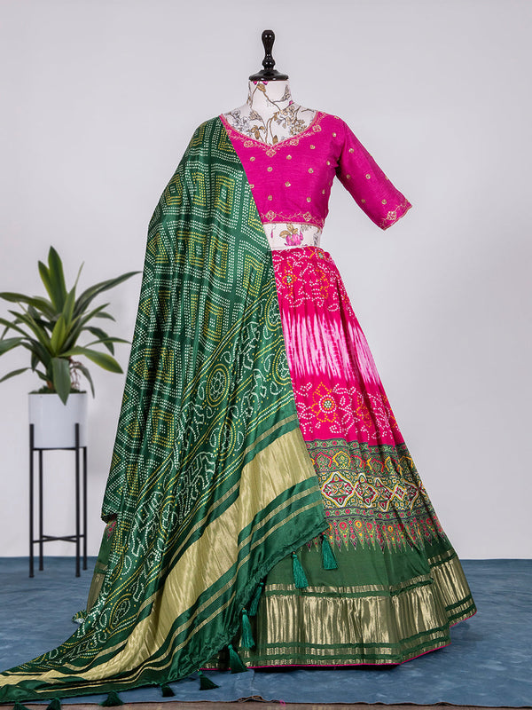 Pink Color Bandhej Digital Print Pure Gaji Silk Chaniya Choli Clothsvilla