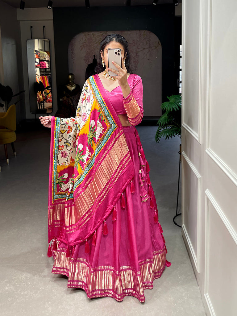 Pink Color Dyeing With Lagdi Patta Gaji Silk Lehenga Choli ClothsVilla.com