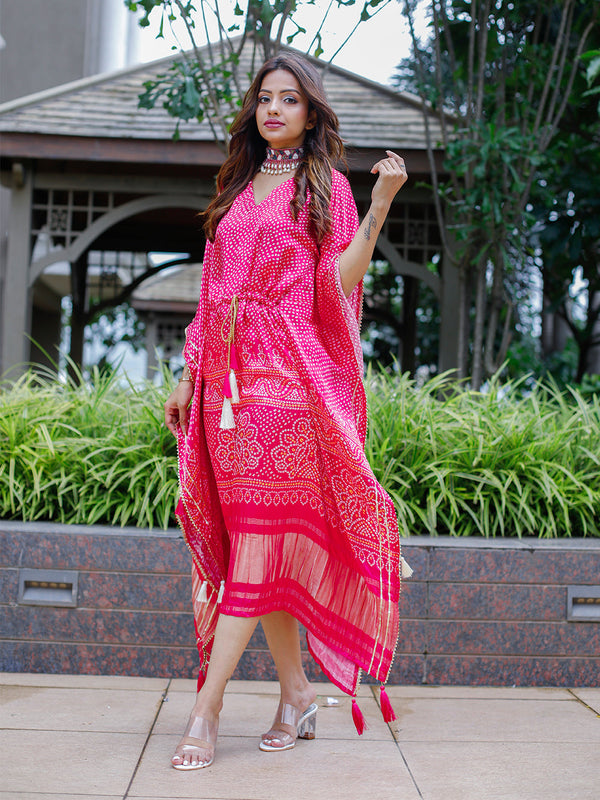 Pink Color Digital Bandhej Print Pure Gaji Silk Kaftan Clothsvilla