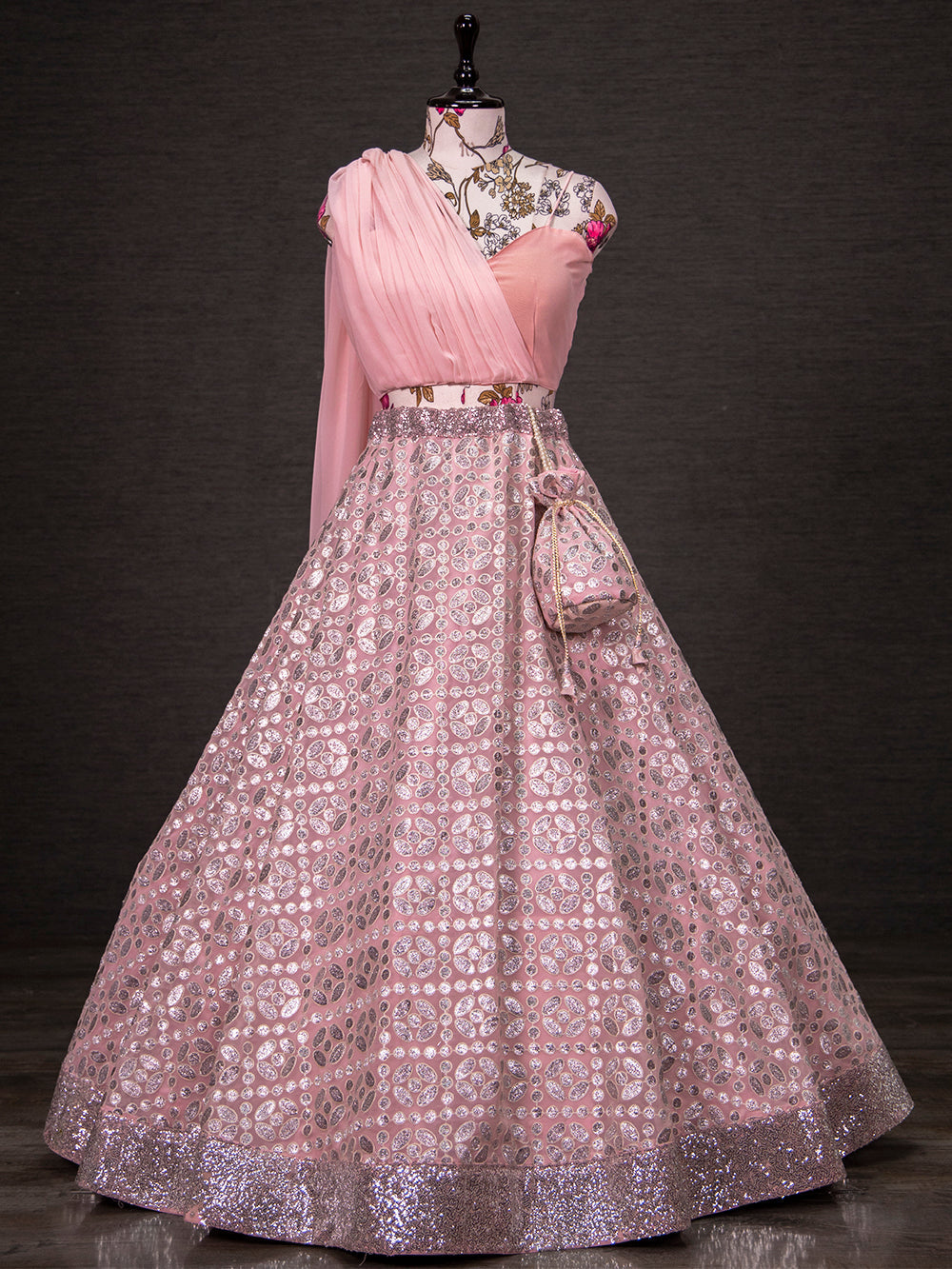 Pink Color Sequins And Thread Embroidery Work Georgette  Ready To Wear Lehenga Choli Set Clothsvilla