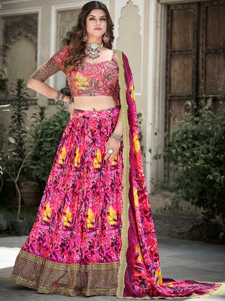 Pink Color Digital Print With Sequins Embroidery Work Crushed Chinon Lehenga Choli ClothsVilla.com