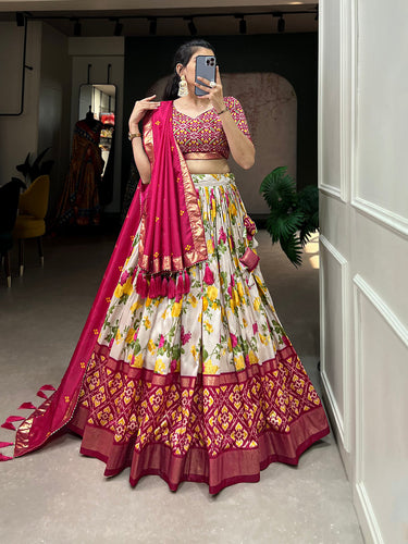 Pink Color Floral And Patola Printed With Foil Work Tussar Silk Lehenga Choli Clothsvilla