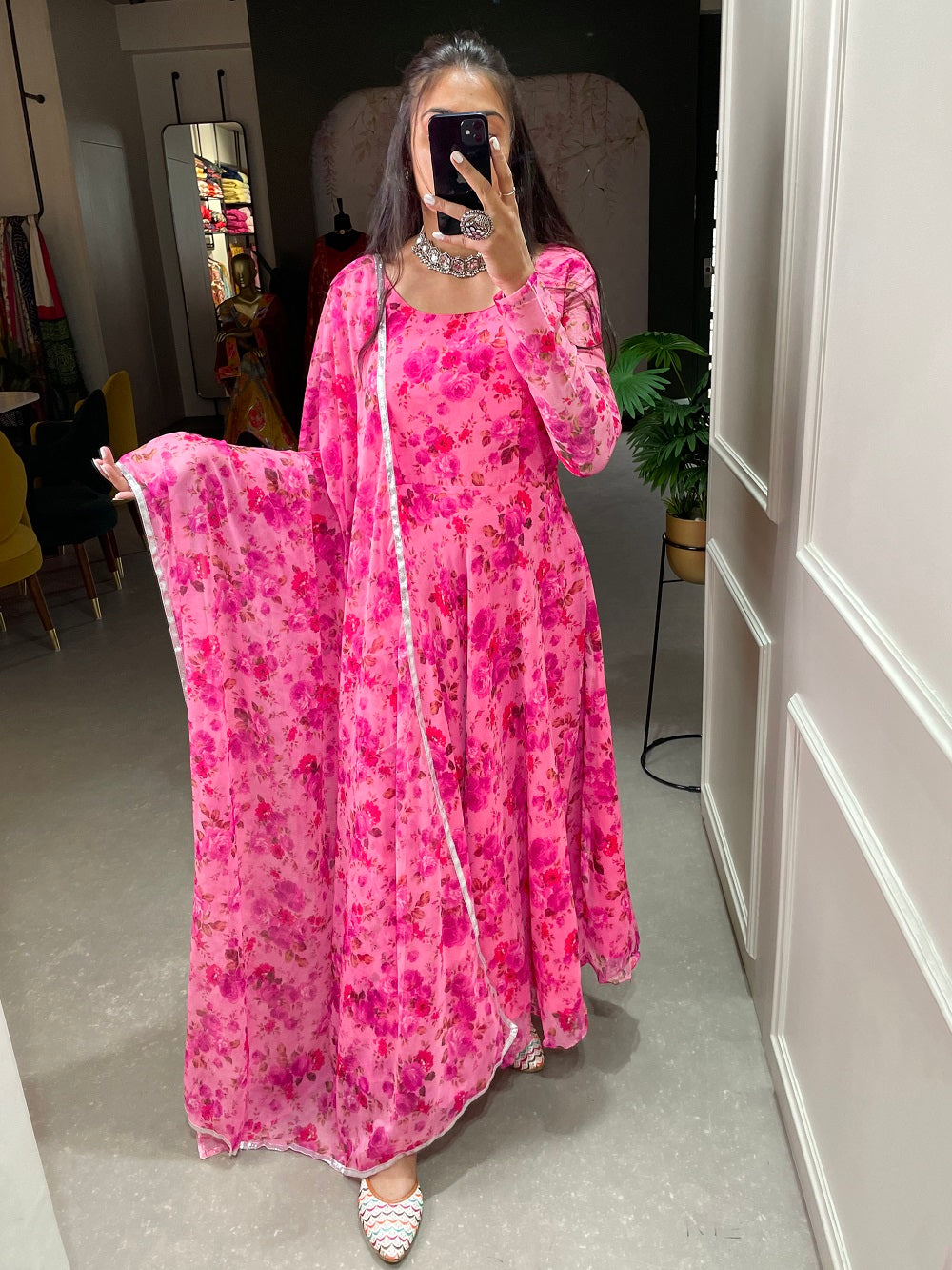 Pink Color Floral Printed Anarkali Style Chiffon Kurti Clothsvilla