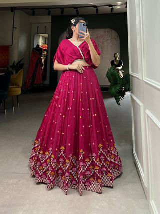 Pink Color Thread Embroidery Work Vichitra Silk Lehenga Choli Clothsvilla
