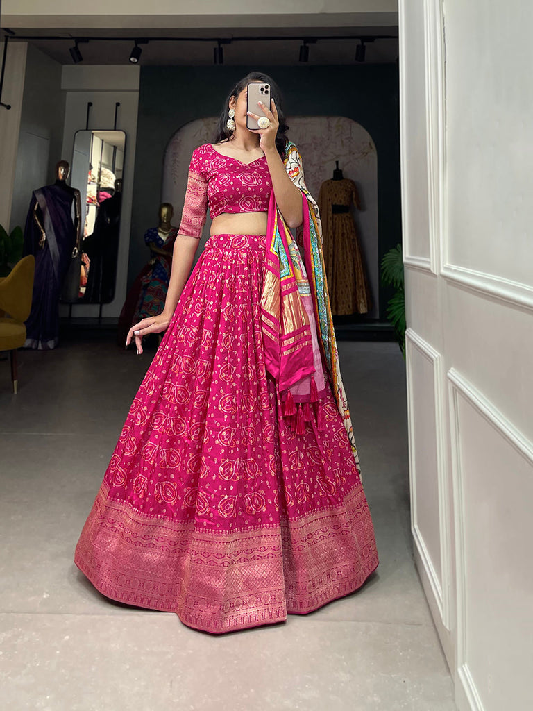 Pink Color Printed With Zari Weaving Work Viscose Dola Silk Lehenga Choli Clothsvilla