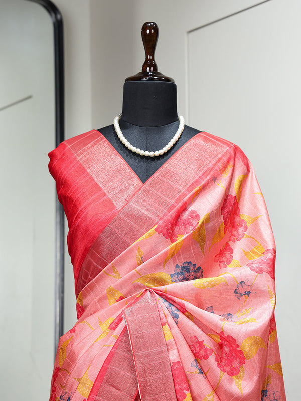 Pink Color Digital Printed Handloom Kotha Border Saree Clothsvilla