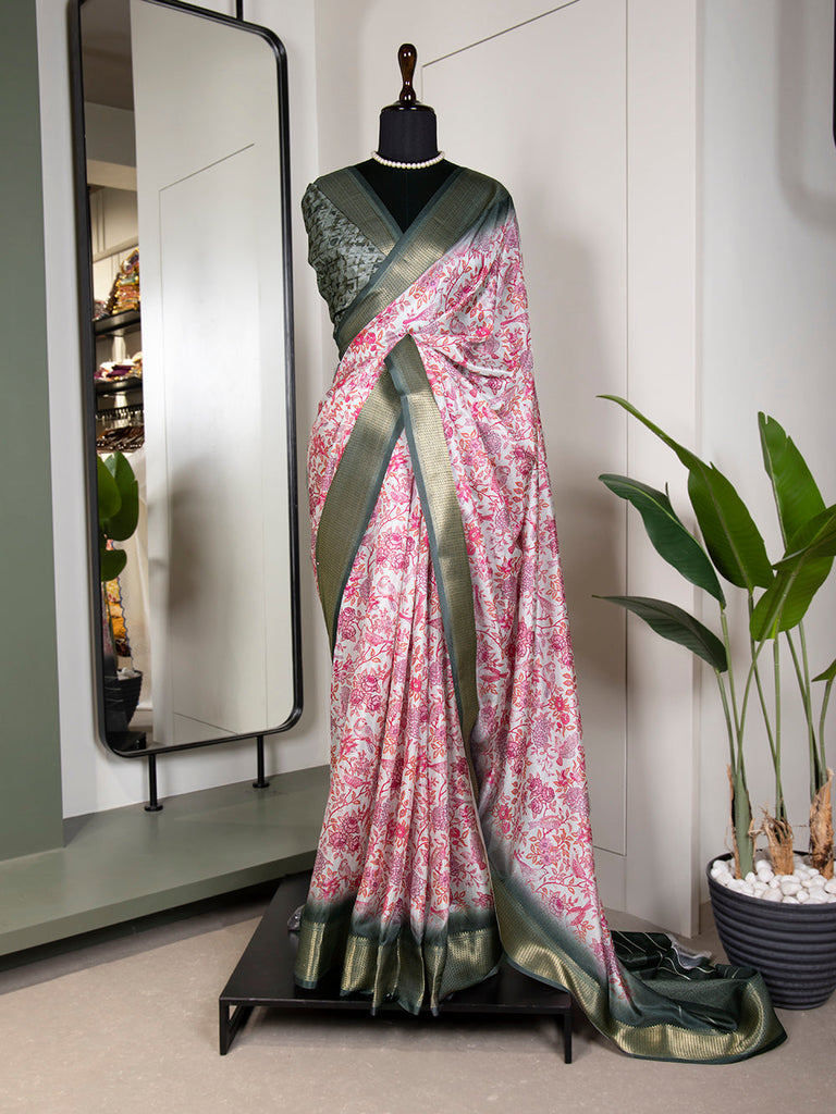 Pink Color Printed With Zari Border Dola Silk Saree Clothsvilla