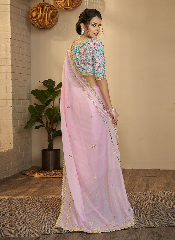 Pink Organza Zari Saree For Wedding Clothsvilla