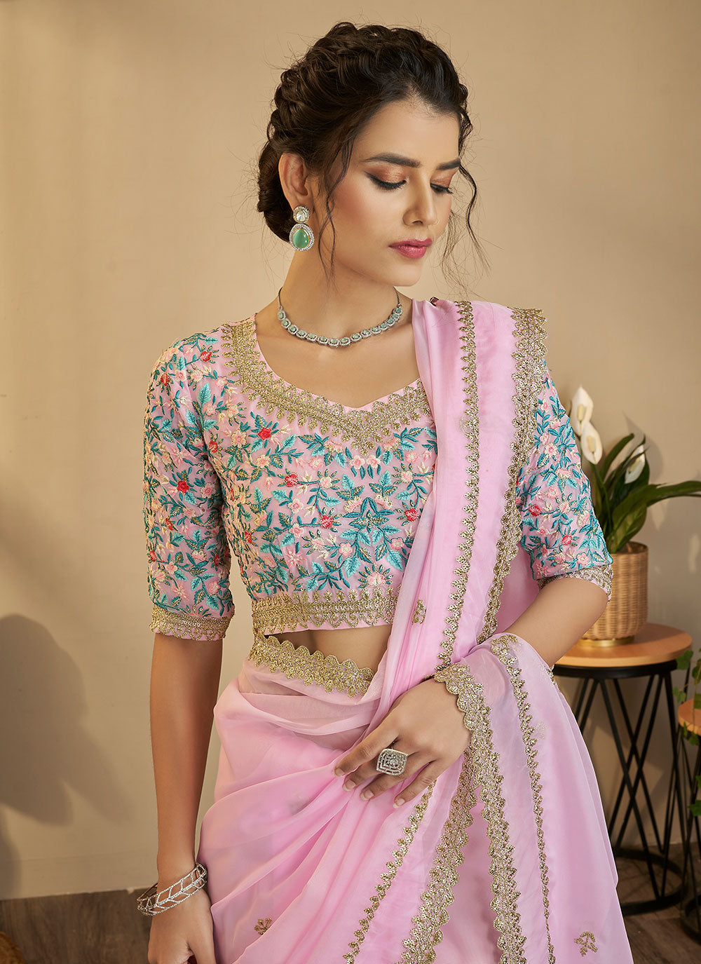 Pink Organza Zari Saree For Wedding Secondary image