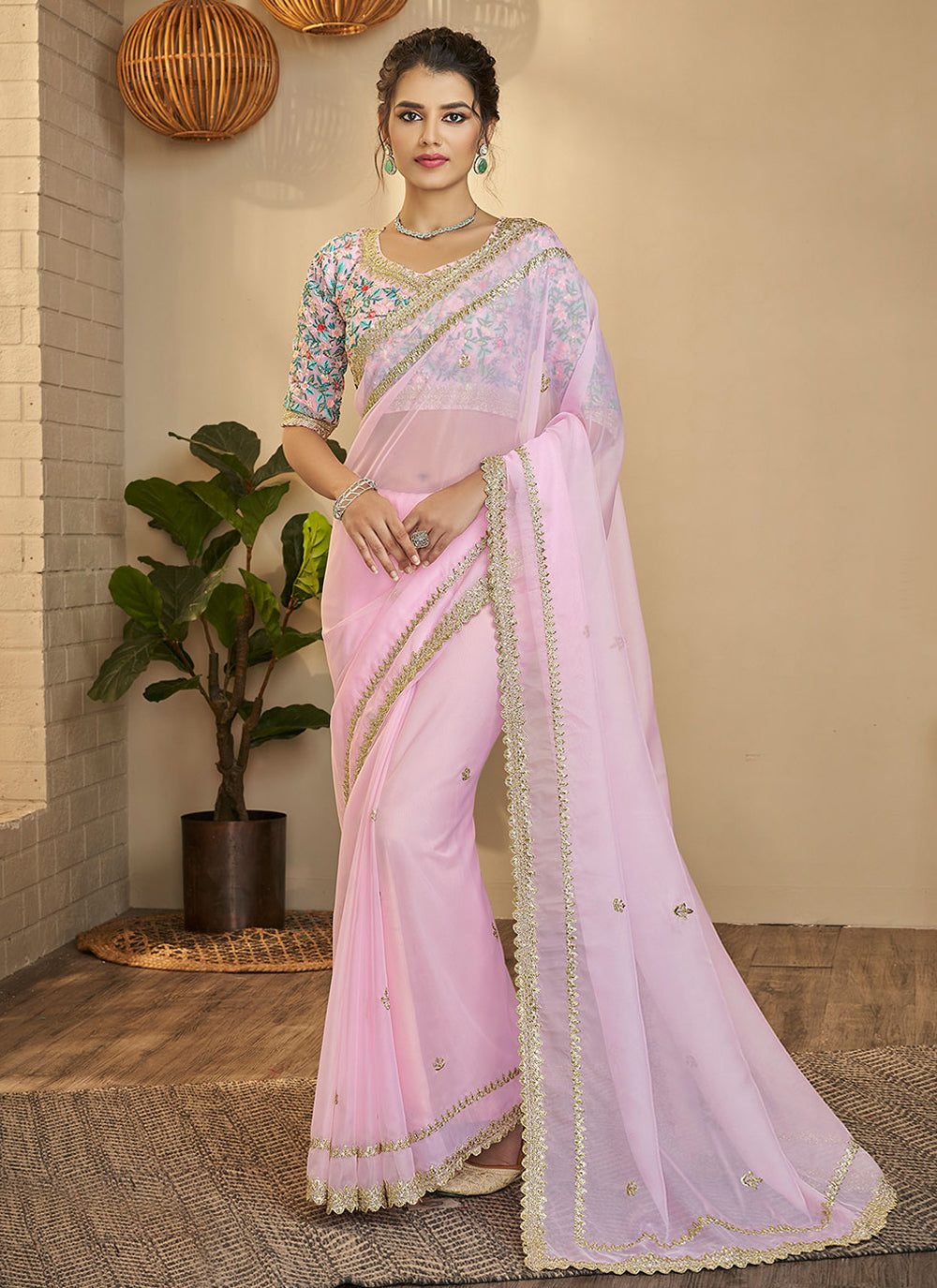 Shop Pink Organza Zari Saree Festive Wear Online at Best Price | Cbazaar