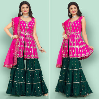 Pink Partywear Thread With Mirror Embroidered Georgette Sharara Suit Clothsvilla