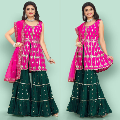 Pink Partywear Thread With Mirror Embroidered Georgette Sharara Suit Clothsvilla Main image