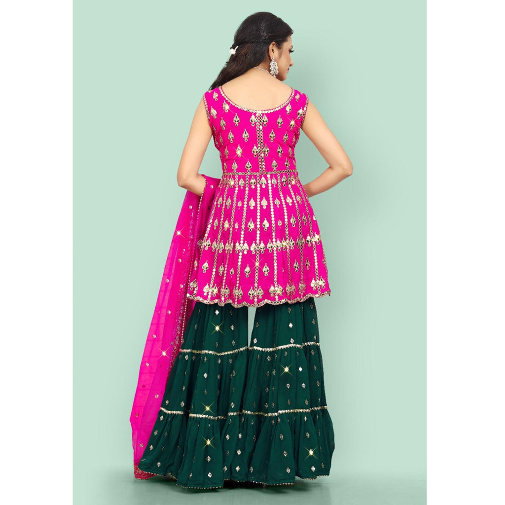 Pink Partywear Thread With Mirror Embroidered Georgette Sharara Suit Clothsvilla