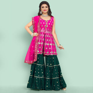Pink Partywear Thread With Mirror Embroidered Georgette Sharara Suit Clothsvilla