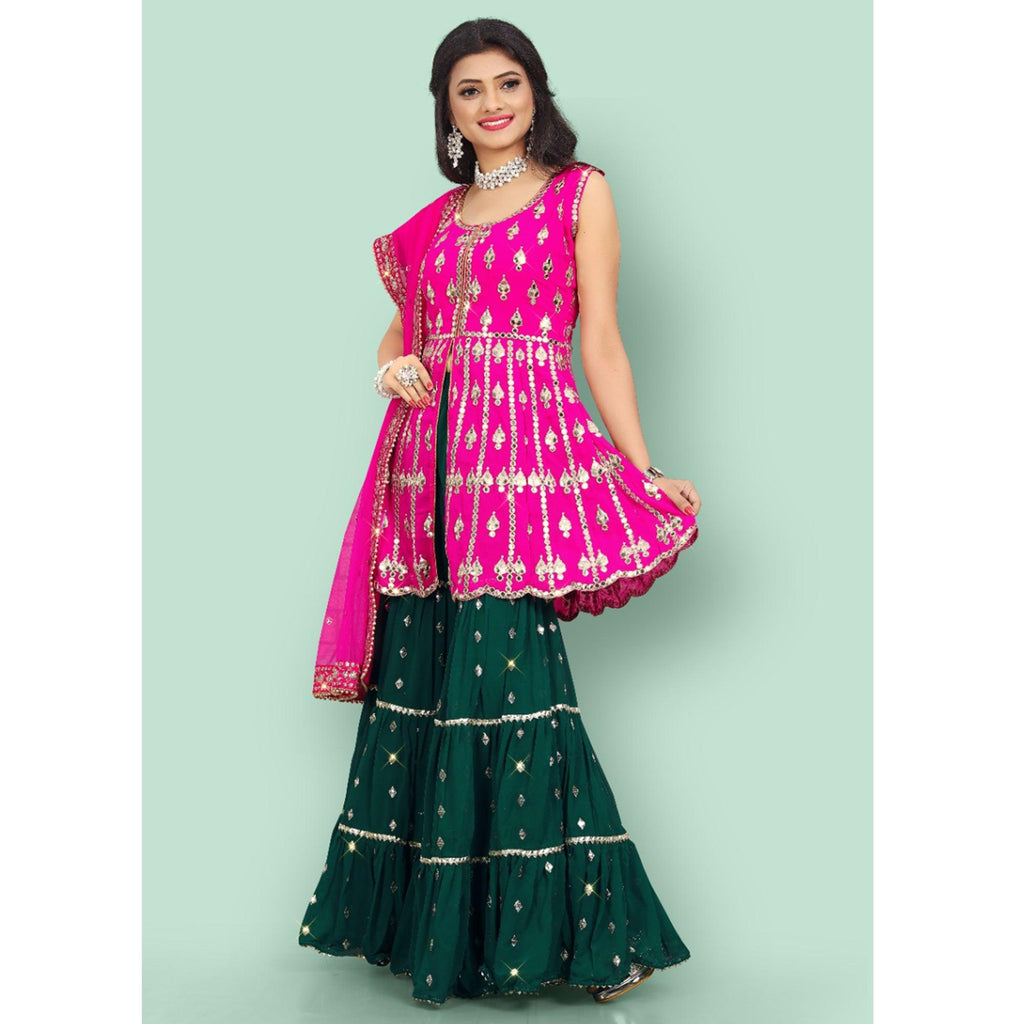 Pink Partywear Thread With Mirror Embroidered Georgette Sharara Suit Clothsvilla