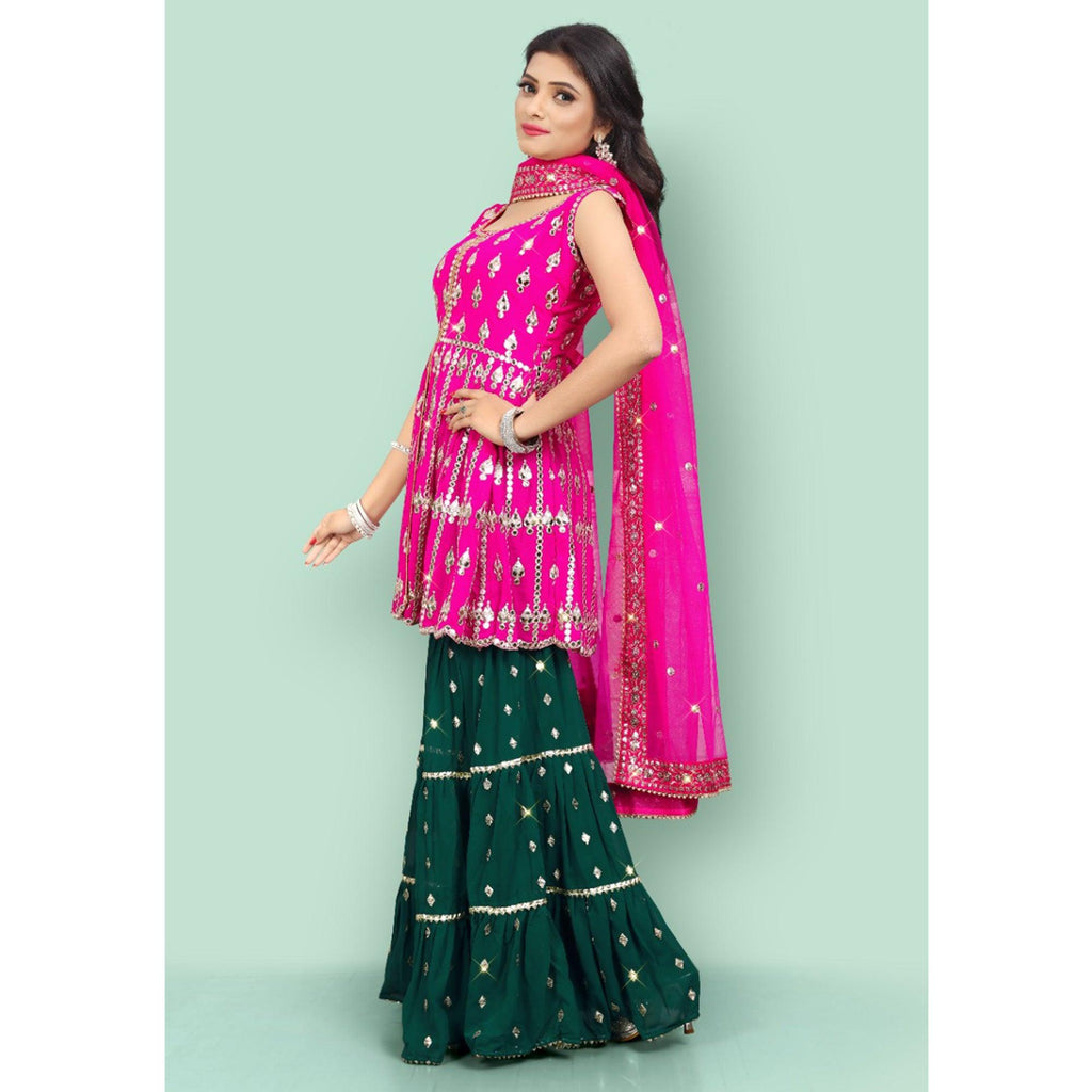 Pink Partywear Thread With Mirror Embroidered Georgette Sharara Suit Clothsvilla