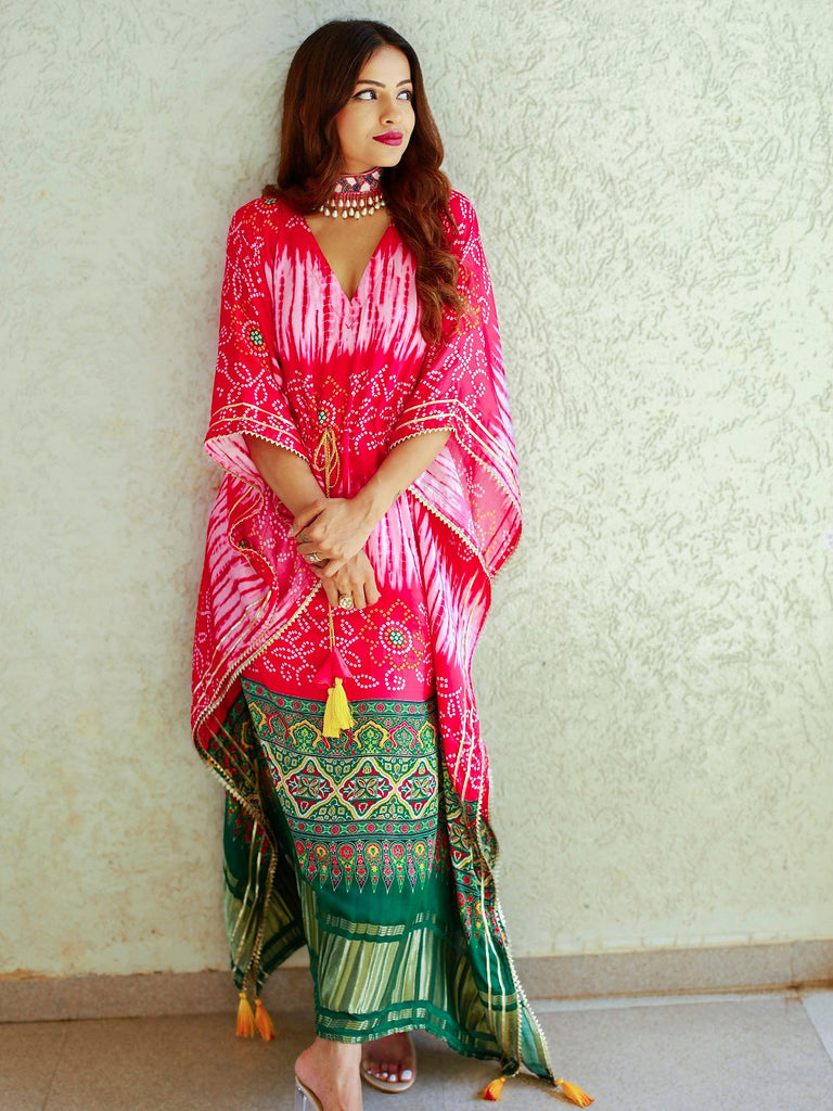 Pink Color Digital bandhej Printed Pure Gaji Silk Kaftan Dress Clothsvilla