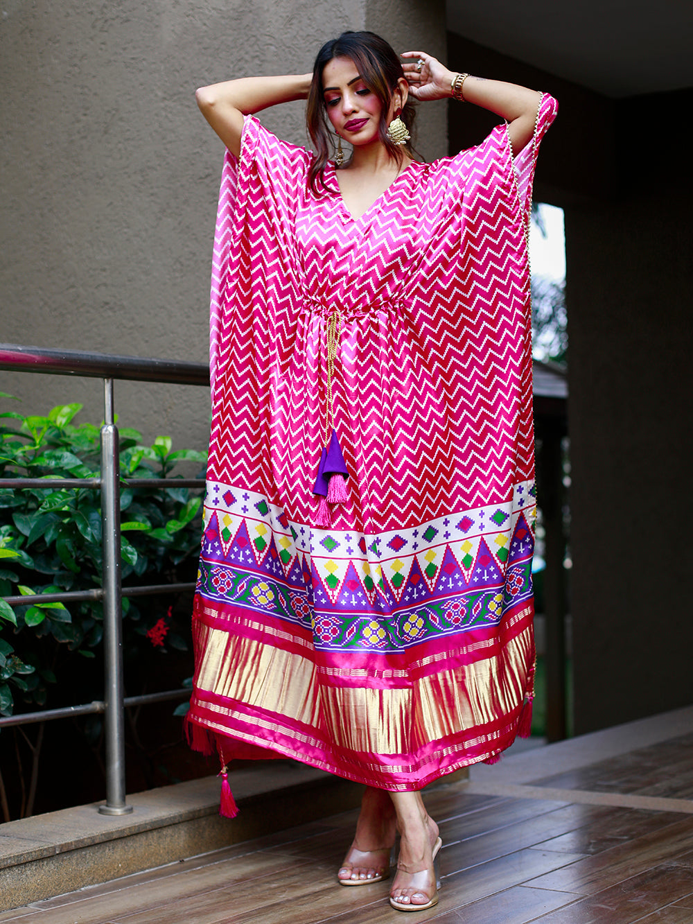 Pink & White Color Digital Print Pure Gaji Silk Kaftan Clothsvilla