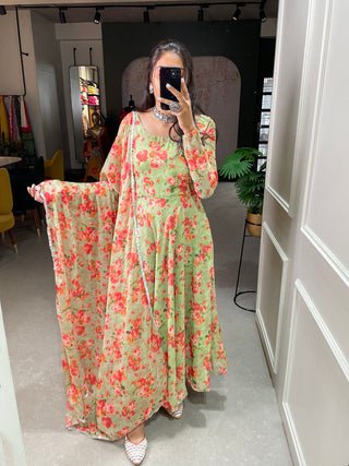 Pista Color Floral Printed Anarkali Style Chiffon Kurti Clothsvilla