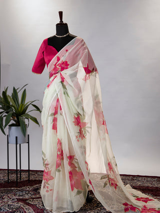 Pista Color Floral & Foil Print Organza Saree Clothsvilla