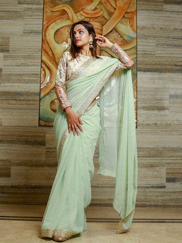 Pista Color Sequins & Thread Embroidery Lace border Work Georgette Saree Clothsvilla