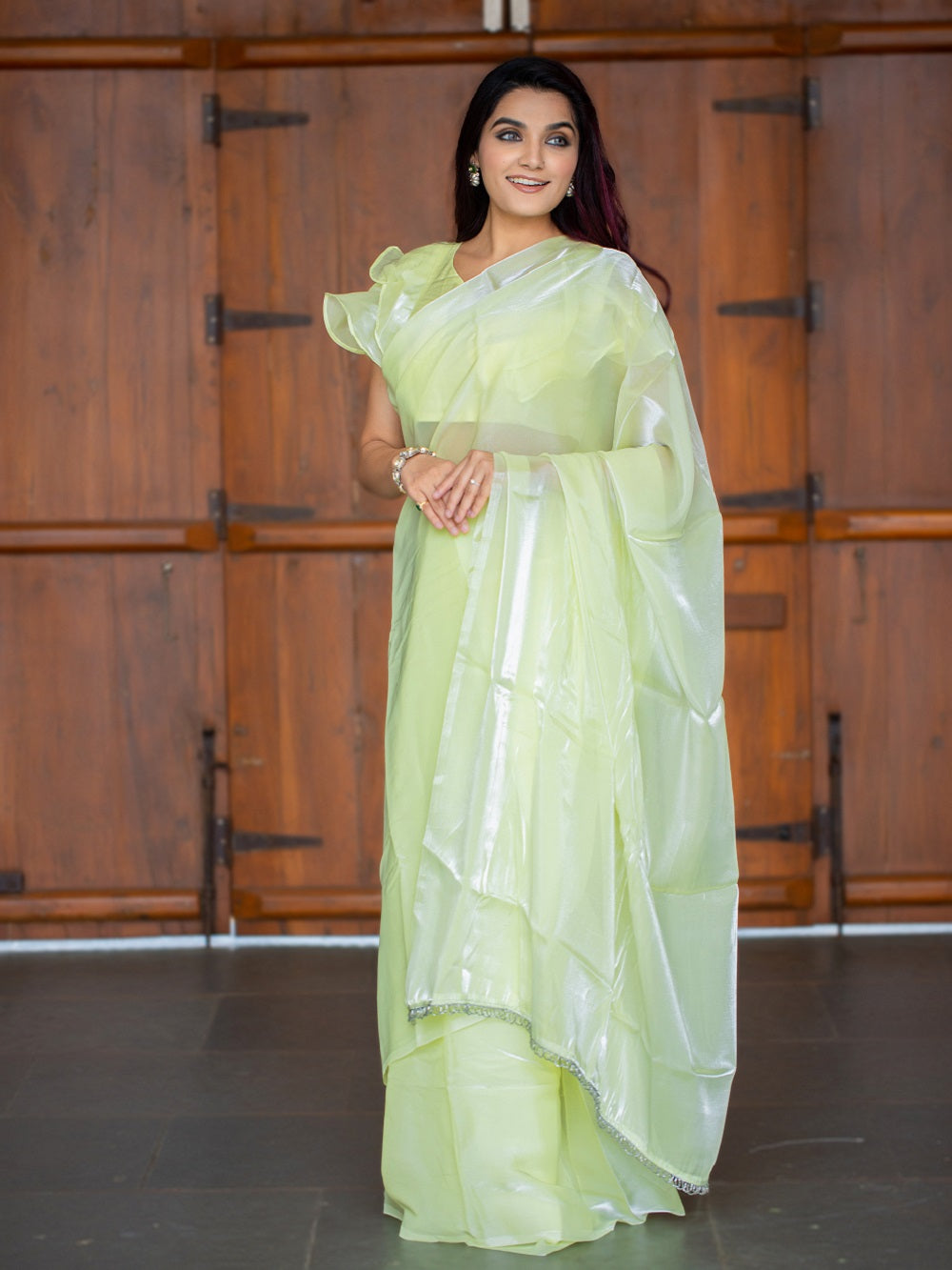 Pista Color Pallu Lace Border Jimi Silk Saree Clothsvilla Main image