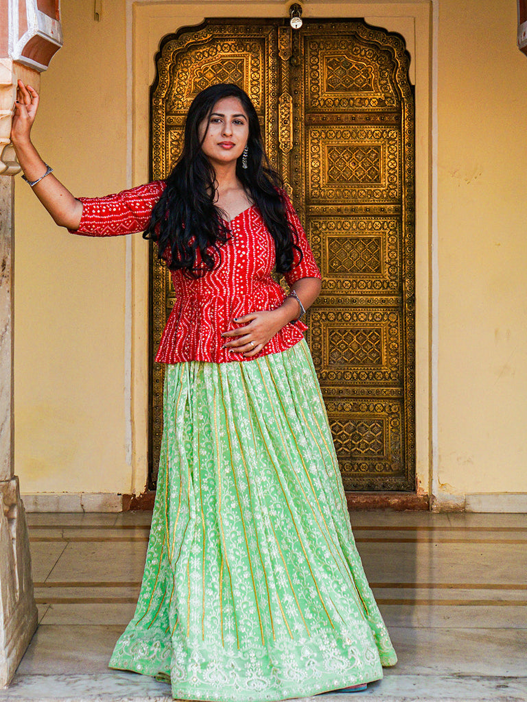 Pista Color Lucknowi Thread Work Georgette Lehenga With Foil And Printed Choli Clothsvilla