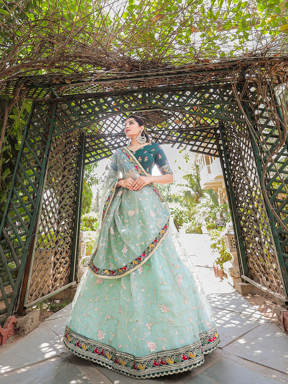 Pista Color Thread Embroidery Work With Lace Border Organza Lehenga Choli ClothsVilla.com