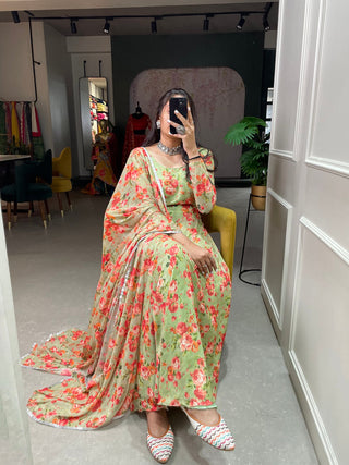 Pista Color Floral Printed Anarkali Style Chiffon Kurti Clothsvilla
