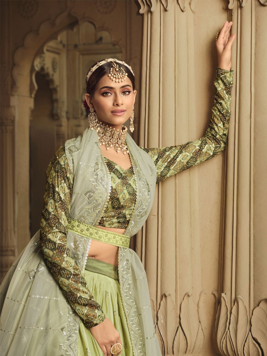 Pista Green and Mehdi Green Silk Embroidered Lehenga Choli Clothsvilla