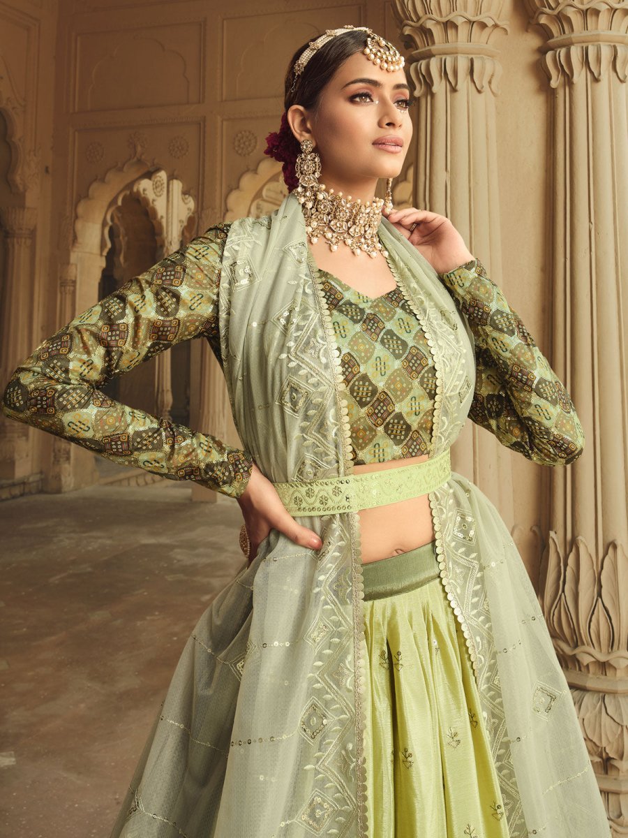 Pista Green and Mehdi Green Silk Embroidered Lehenga Choli Clothsvilla