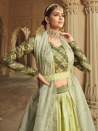 Pista Green and Mehdi Green Silk Embroidered Lehenga Choli Clothsvilla